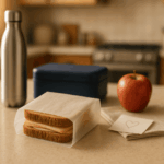 Glassine sandwich bag with a dry turkey & cheese sandwich on a kitchen island — semi-translucent, grease-resistant, plastic-free