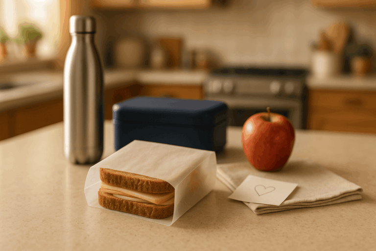 Glassine sandwich bag with a dry turkey & cheese sandwich on a kitchen island — semi-translucent, grease-resistant, plastic-free