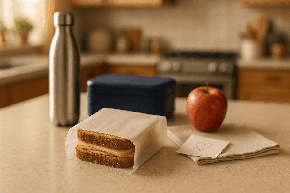 Glassine sandwich bag with a dry turkey & cheese sandwich on a kitchen island — semi-translucent, grease-resistant, plastic-free