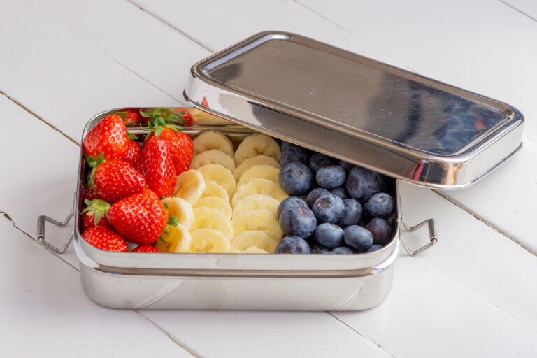 Stainless steel lunch box with steel lid and latching clips, filled with strawberries, banana slices, and blueberries (illustrative).