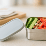 Rectangular stainless snack container with matte silicone lid