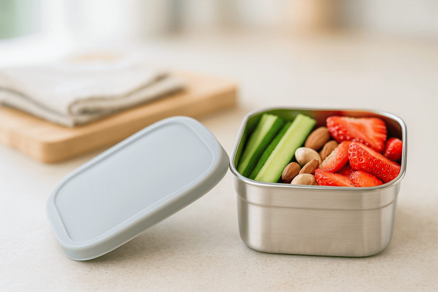 Rectangular stainless snack container with matte silicone lid